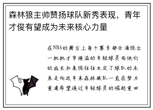 森林狼主帅赞扬球队新秀表现，青年才俊有望成为未来核心力量